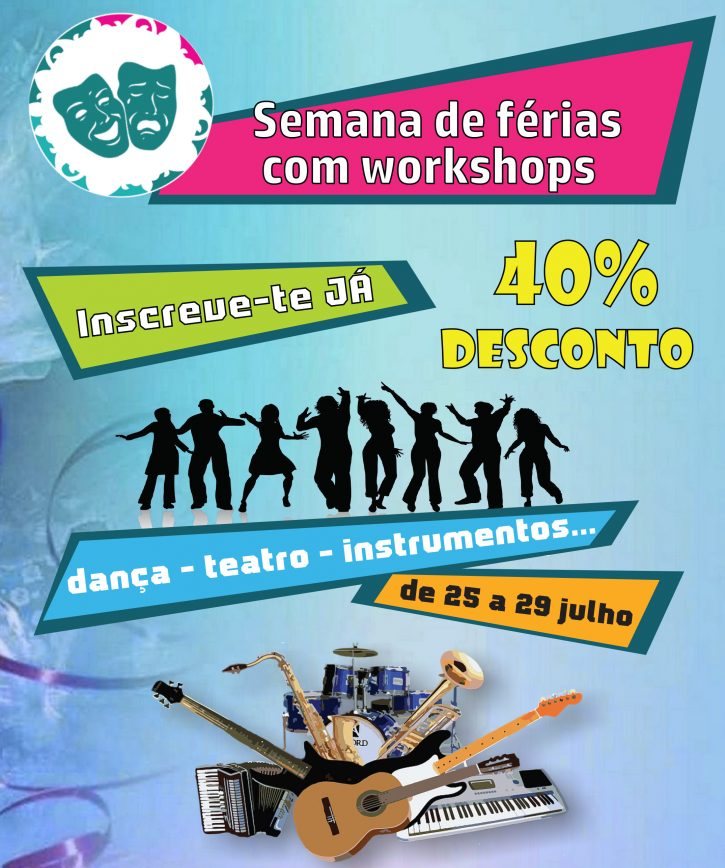 Cartaz de uma semana com workshops de dança, teatro e instrumentos