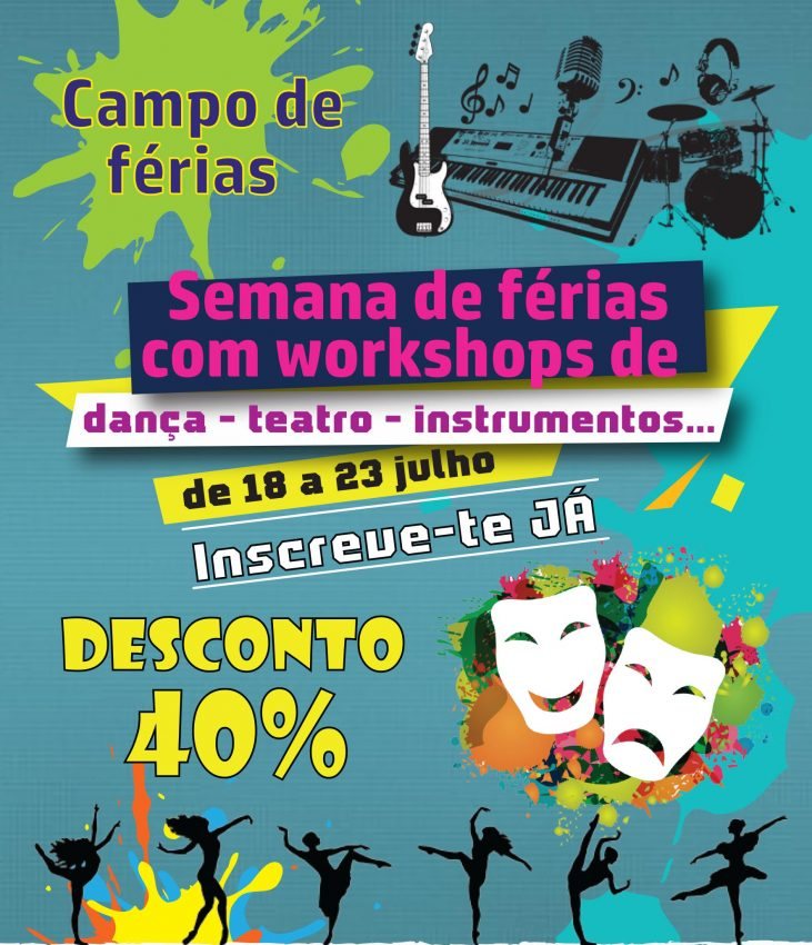 Cartaz de uma semana com workshops de dança, teatro e instrumentos